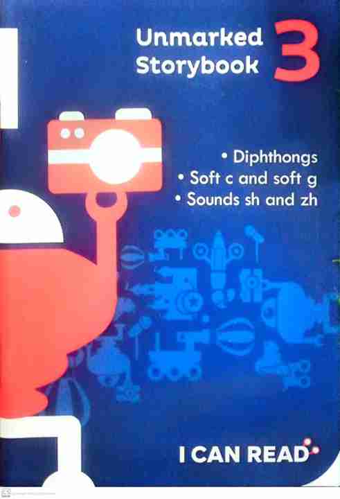 Book cover of 'Unmarked Storybook 3' with a camera illustration and text about phonics on a blue background.