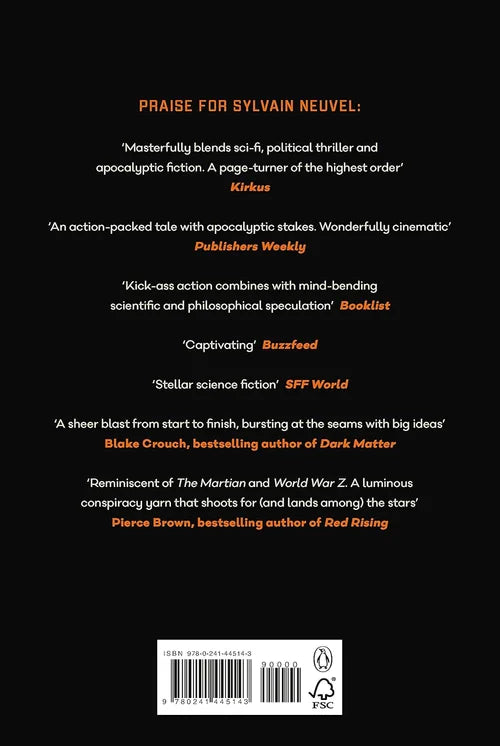 Back cover of a book with praise for Sylvain Neuvel's work on a black background.