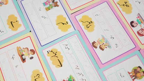Educational cards with cartoon characters and text on a colorful background