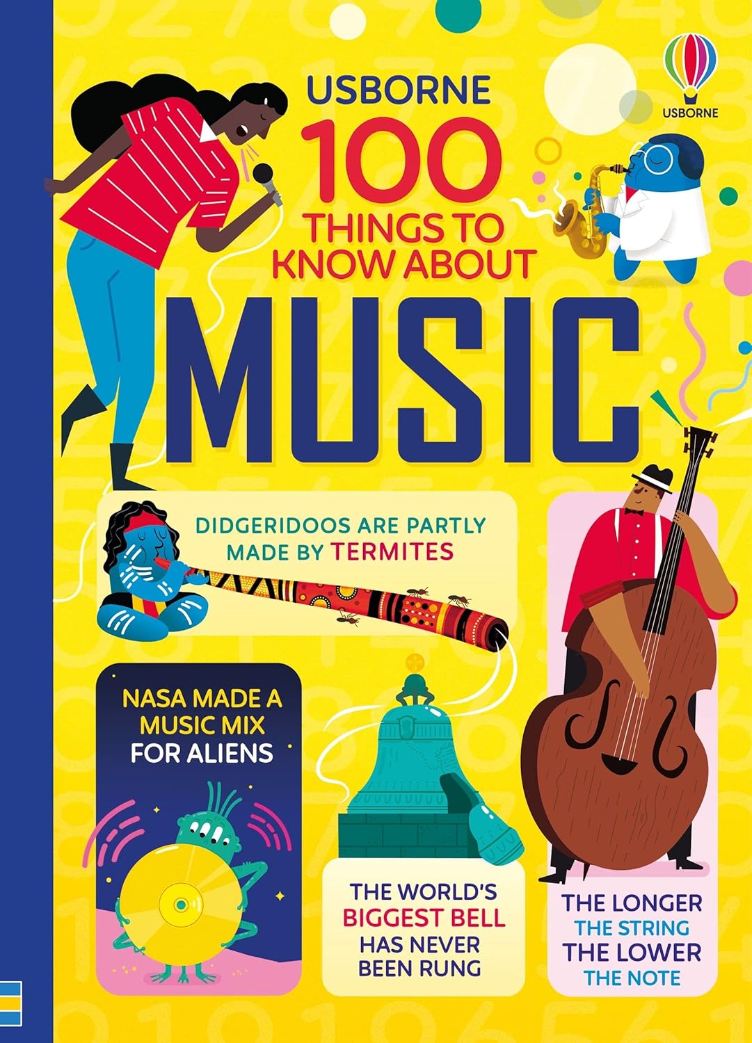 Cover of the book '100 things to know about music' featuring graphic illustrations related to music, including a person playing the guitar and various musical instruments.