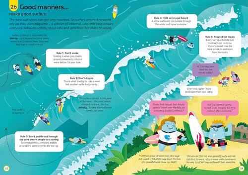 Educational illustration about good manners for surfers with characters and text on a beach background.