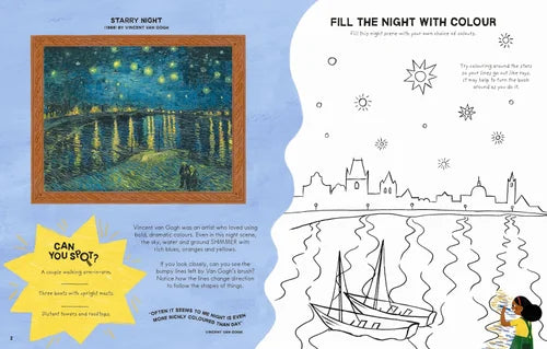 Coloring book page with 'Starry Night' by Van Gogh and coloring activity.