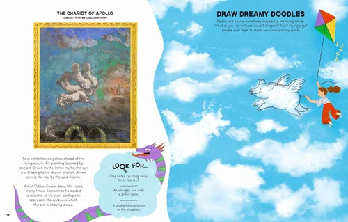 Illustrated book page with a painting of Apollo, a child flying a kite, and prompts for drawing and looking.