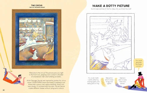 Page from a coloring book featuring a framed picture of a circus scene and instructions to make a dotty picture.