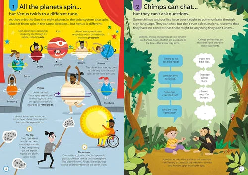 Educational infographic about planets and chimps with illustrations and text.