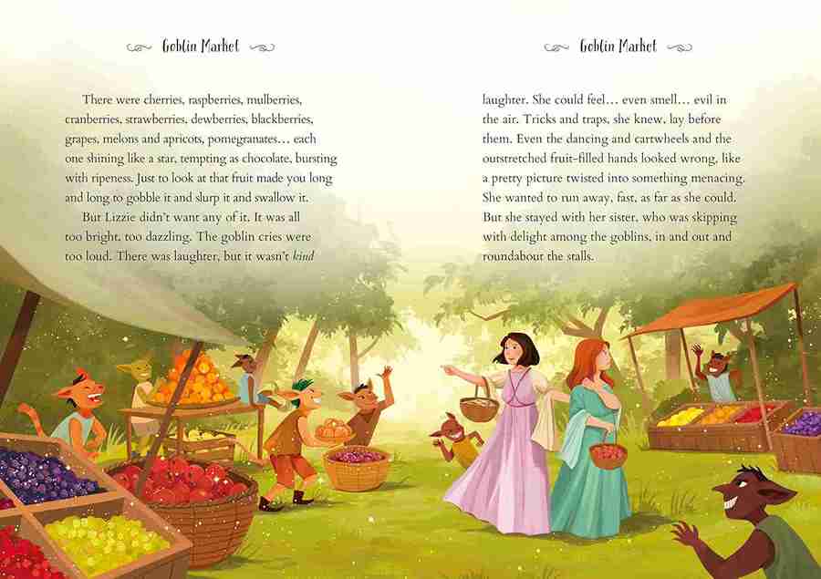 Illustrated book page with characters at a market and text.