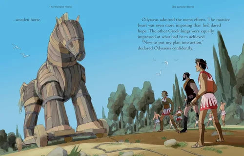 Illustration of a wooden horse with people around it, set against a blue sky.