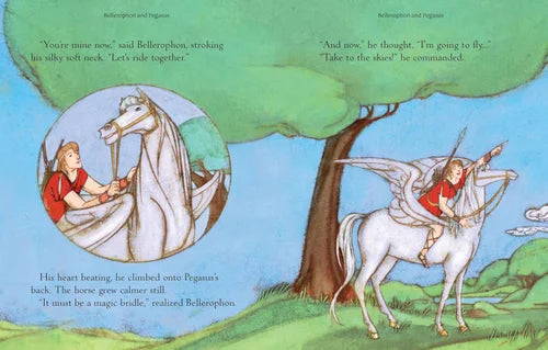 Illustration from a children's book featuring Bellerophon and Pegasus with text.
