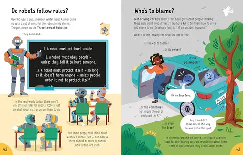 Children's book page about robots and their rules, with illustrations and text.