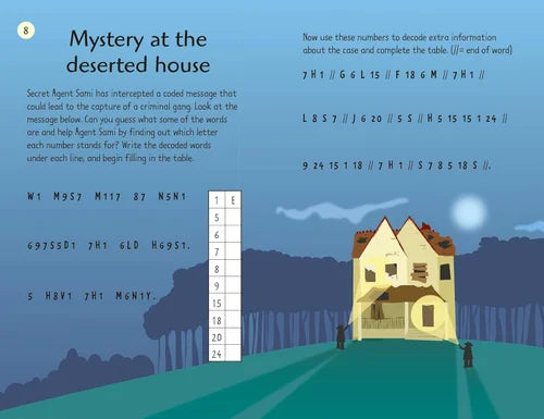 Illustration of a house with a code puzzle and decoder on a blue background