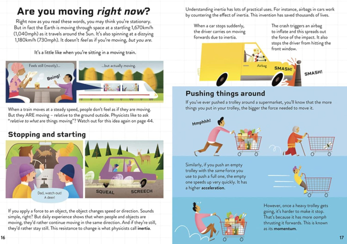 Educational page from a book explaining inertia with illustrations and text.