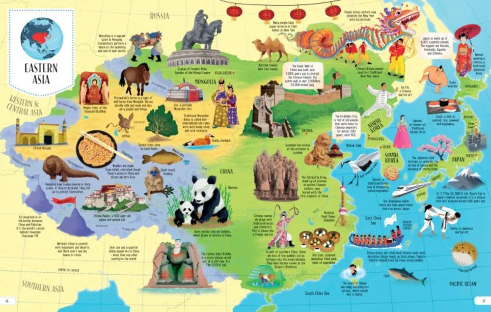 Map of Eastern Asia with various cultural and geographical illustrations