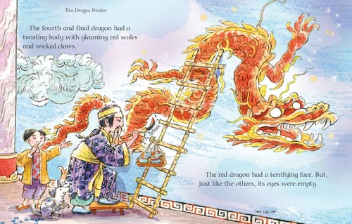 Illustration of a red dragon with a ladder and people in a fantasy setting