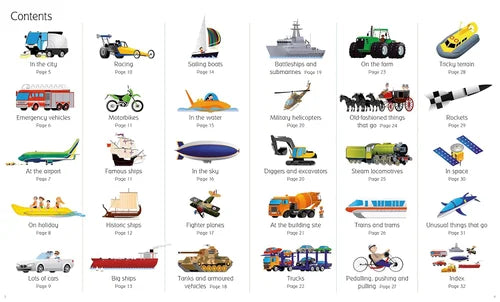 Illustrations of various vehicles and objects on a white background
