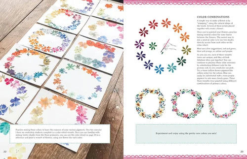 Colorful floral designs on a wooden surface with an open book displaying text and illustrations.