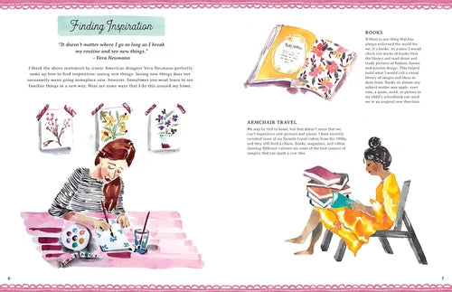 Illustrated book page with two women, one painting and the other reading a book, set against a pink background.