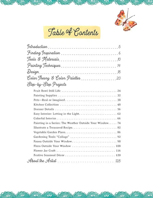 Table of contents with a butterfly illustration on a decorative page border.