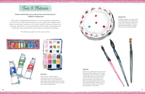 Illustration of art supplies including paint tubes, a watercolor palette, and brushes on a pink background.