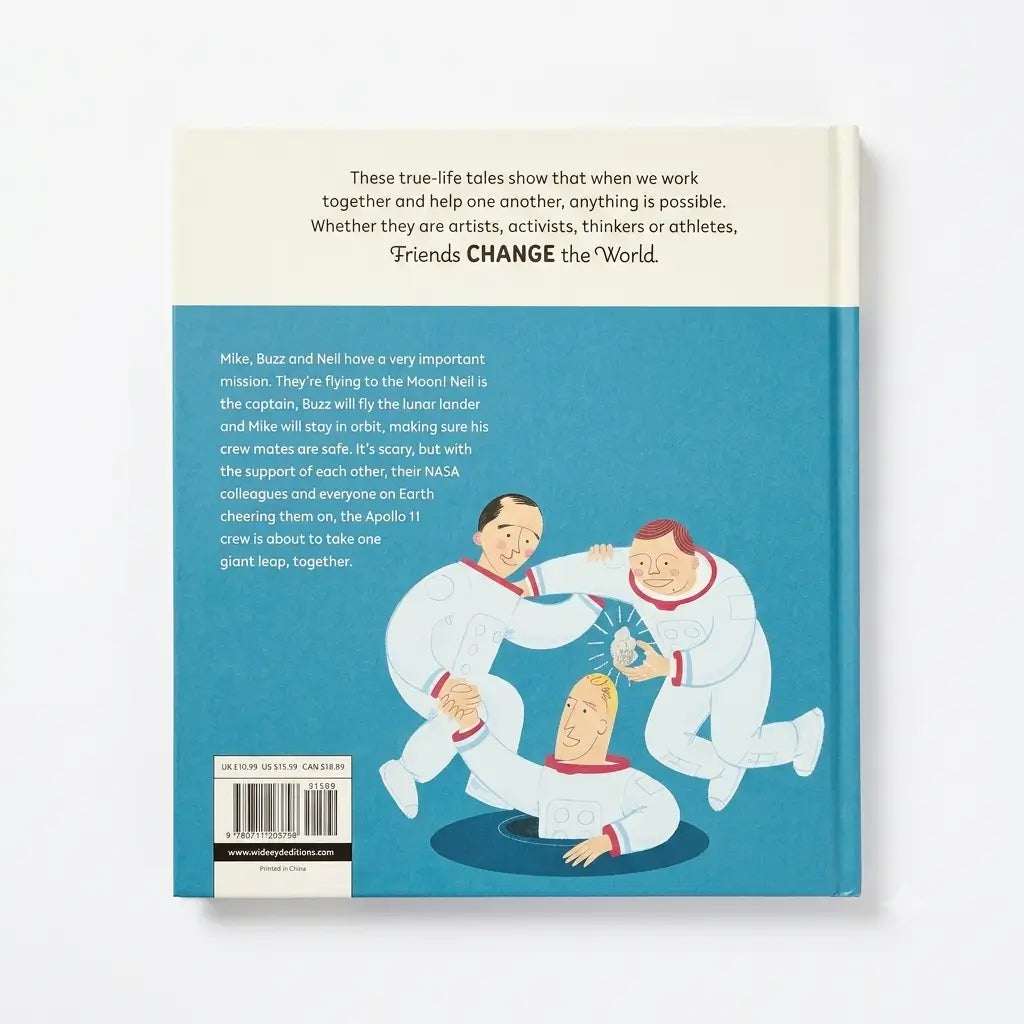 The back cover of a children's book shown against a plain white background. The cover has a cream top section with black text and a blue bottom section with an illustration of three astronauts in white spacesuits supporting a child astronaut.
