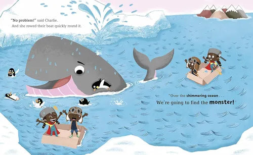 Illustration of children on rafts with a whale and penguins in the ocean.