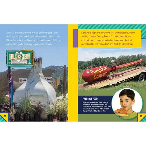 Page from a book about pumpkin festivals with a large pumpkin-shaped structure and a pumpkin cannon.