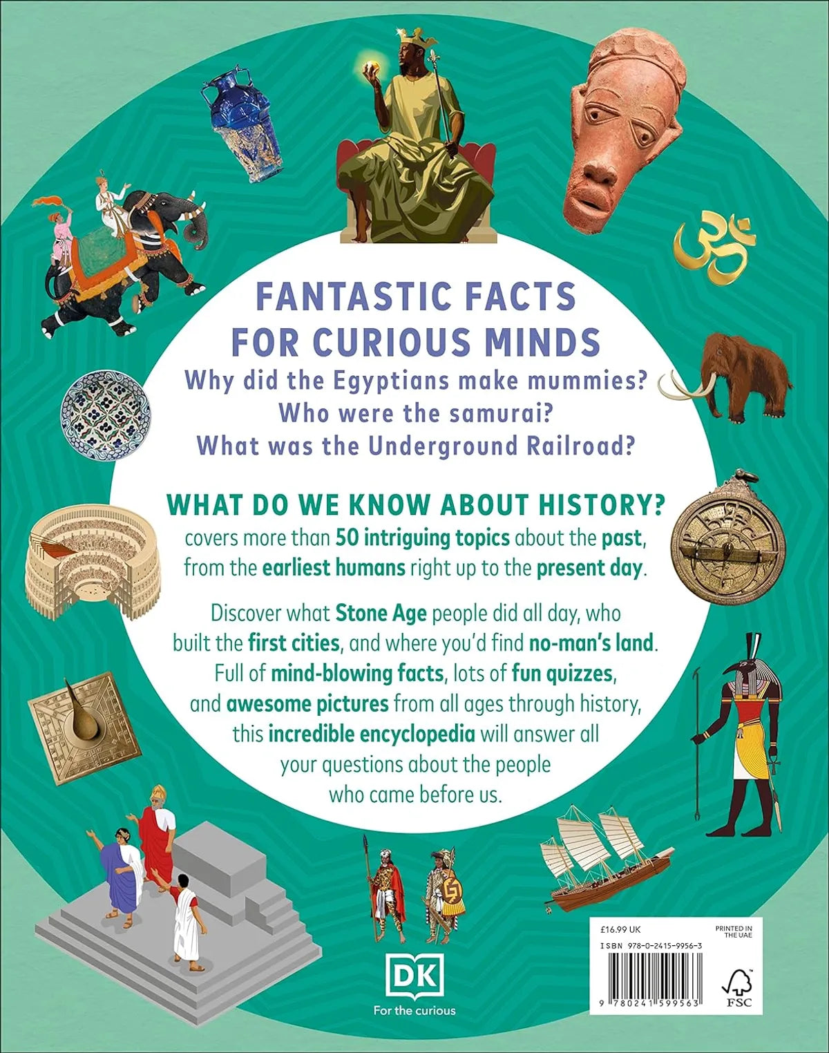 Book cover with historical illustrations and text about 'Fantastic Facts for Curious Minds' by DK.