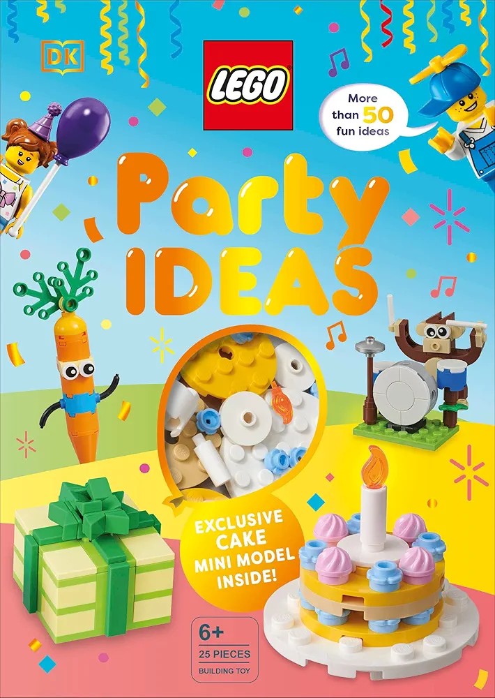 Cover of 'LEGO Party Ideas' book featuring colorful graphics of LEGO models including a cake, mini figures, and party decorations.