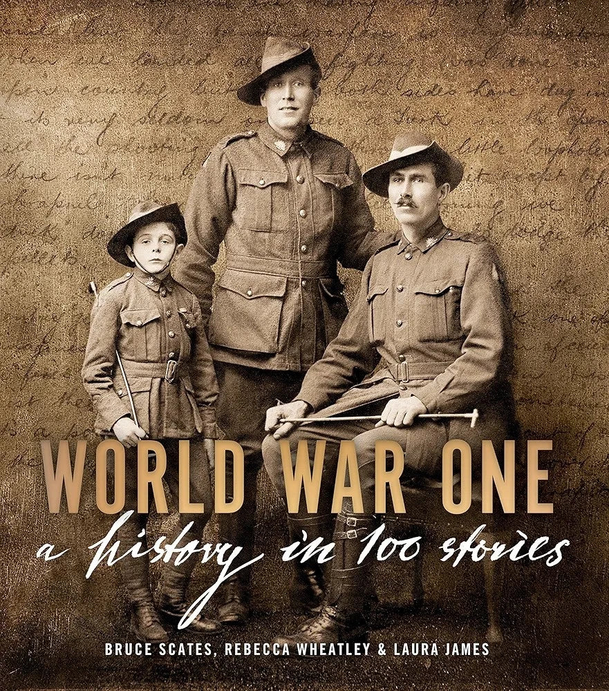 Book cover of 'World War One: A History in 100 Stories' with vintage military attire and text.