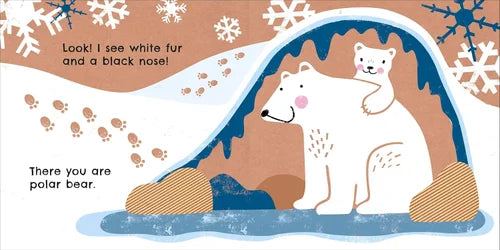 Illustration of a polar bear with white fur and a black nose, surrounded by snowflakes and footprints on a brown background.