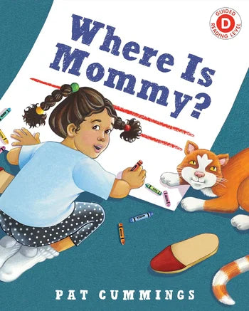 Book cover of 'Where Is Mommy?' by Pat Cummings with a child and cat on a blue background.