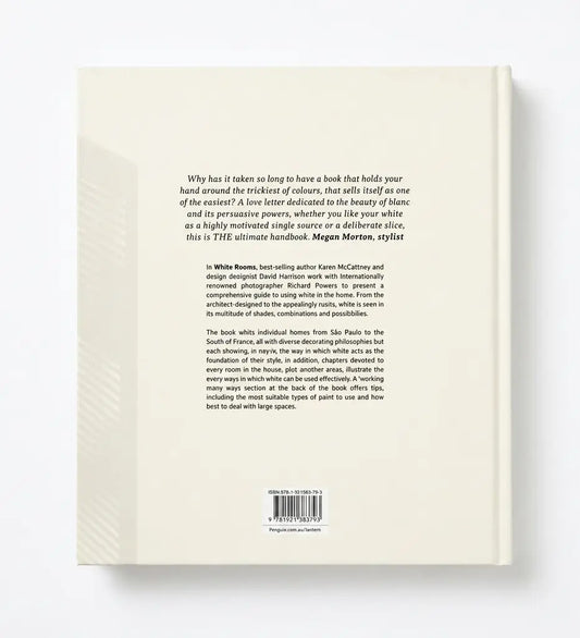 The back cover of a book shown flat against a white background, with the title 'White' at the top, a large block of descriptive text, a barcode, and a cream-colored spine or backing visible along the left edge.