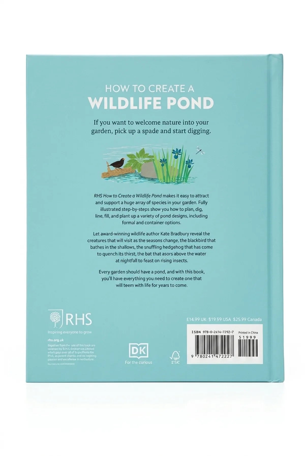 Book cover with text on creating a wildlife pond and RHS logo.