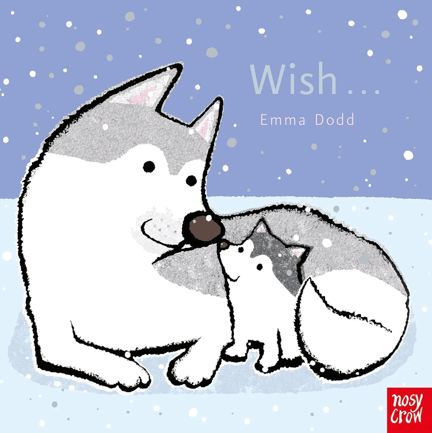 Illustration of a large dog and a small dog with the text 'Wish' by Emma Dodd on a snowy background.
