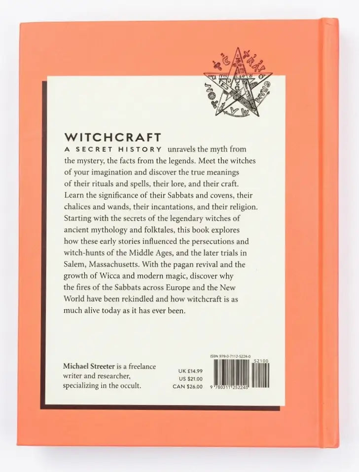 Book cover with text about witchcraft history on a white background