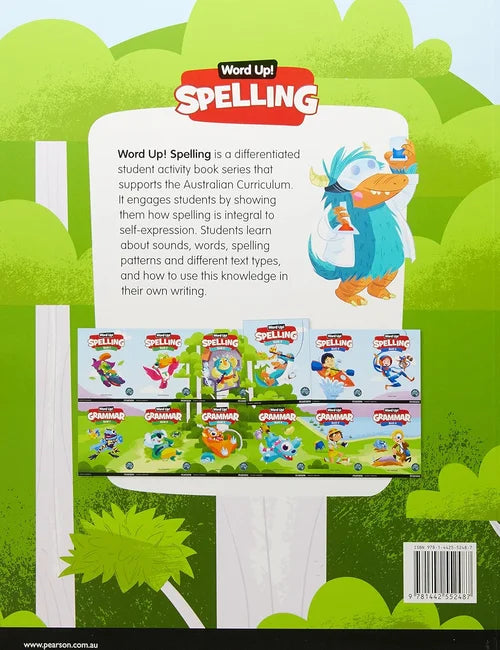 Back cover of a book titled 'Word Up! Spelling' with cartoon characters and green background