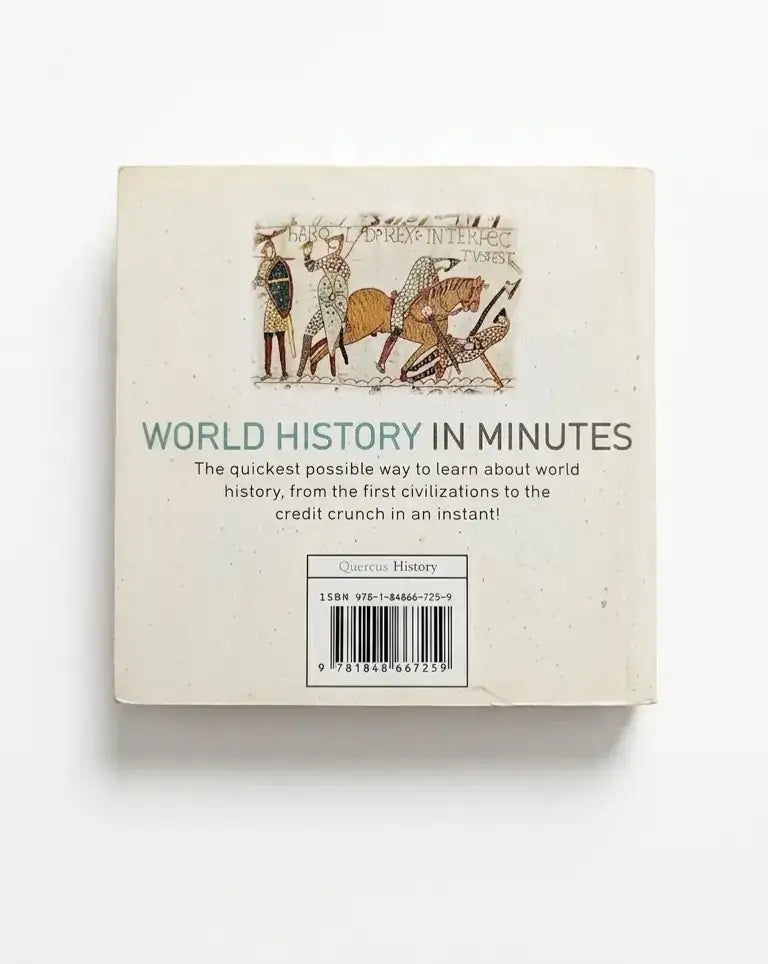 The back cover of the book 'World History in Minutes' by Oxford History, featuring a vintage-style illustration of figures and a horse, on a clean white background.