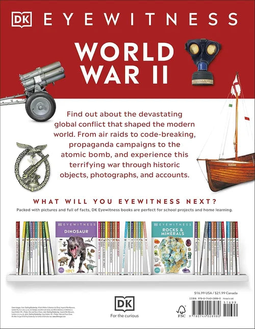 Book cover of DK Eyewitness World War II with historical objects and text.