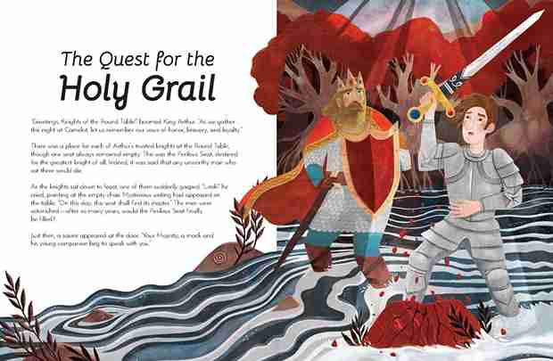 Illustration of a knight with a sword and a lion, titled 'The Quest for the Holy Grail'.