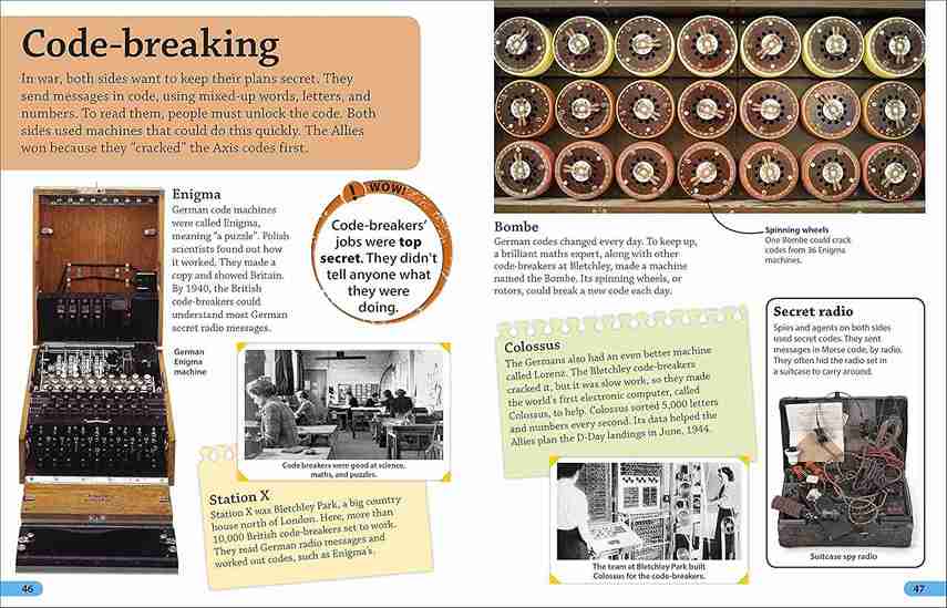 Educational page about code-breaking with historical images and text.