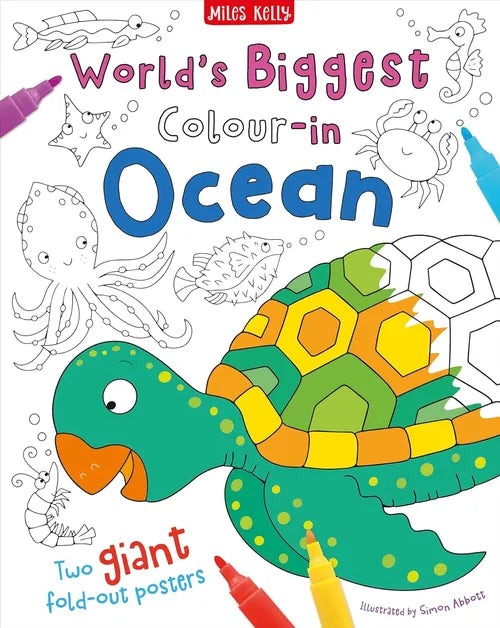 Coloring book cover titled 'World's Biggest Colour-in Ocean' with a turtle illustration and coloring tools.