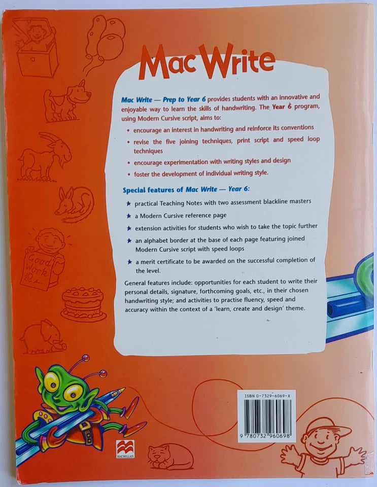 Back cover of a book titled 'Mac Write' with illustrations and text on an orange background.