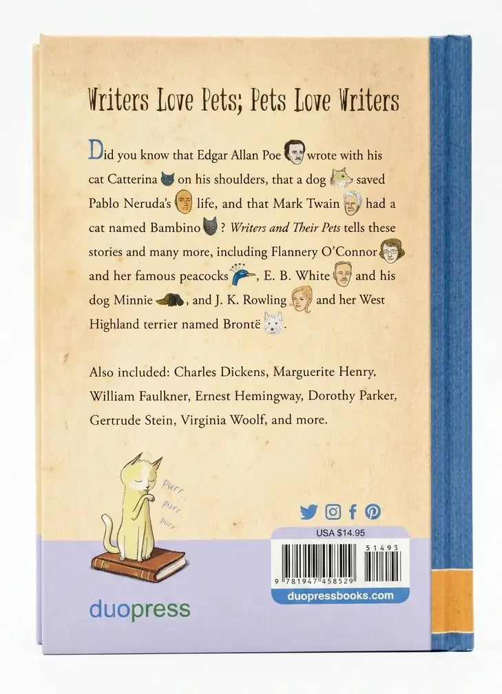 Back cover of a book with text about authors and their pets, featuring a cat illustration.