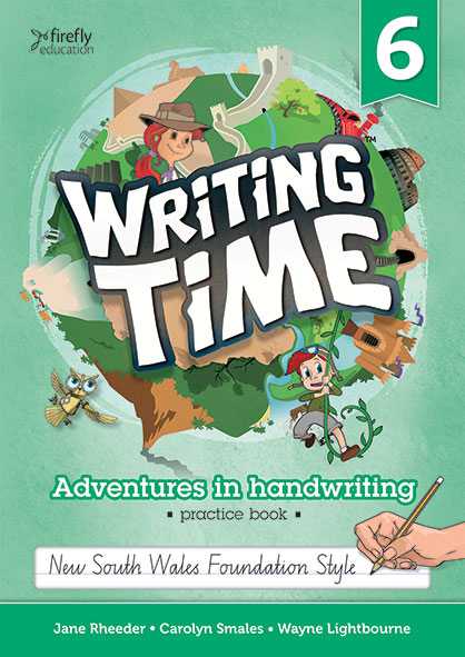 Book cover of 'Writing Time' practice book for New South Wales Foundation Style with illustrations and text.