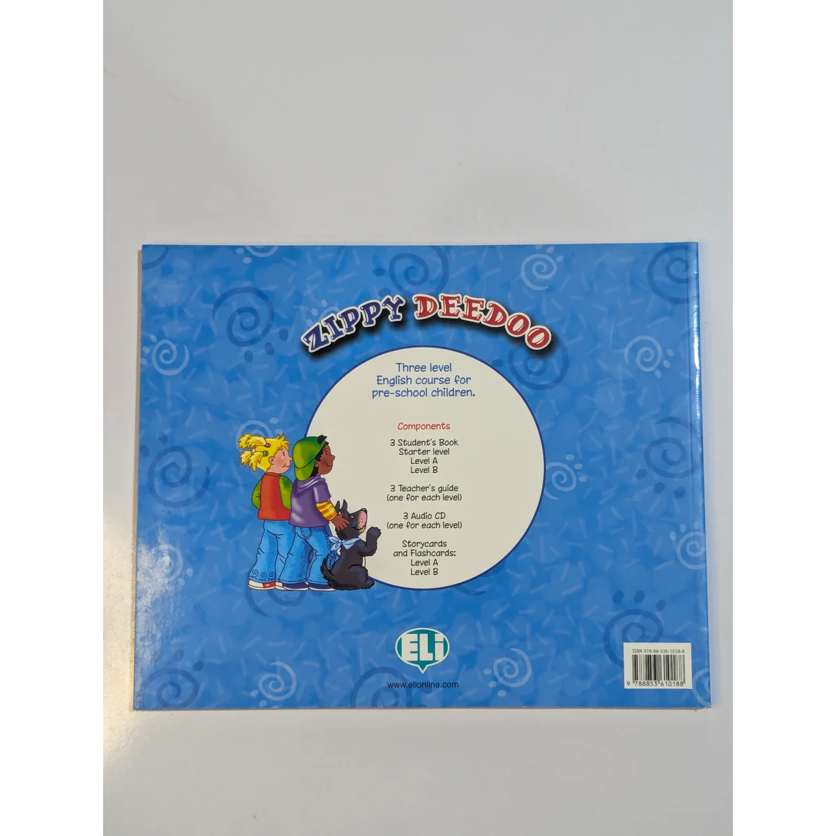 Blue packaging for Zappy Deedoo English course for preschool children on a gray background
