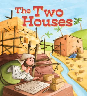 Book cover of 'The Two Houses' with a person working on plans and another person sitting by a river with huts in the background.