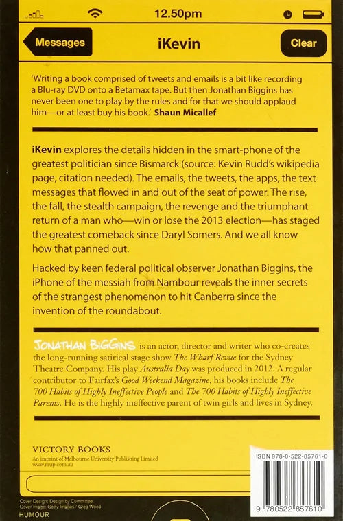 Book cover with yellow background and black text, featuring the title 'iKevin' by Jonathan Biggins.