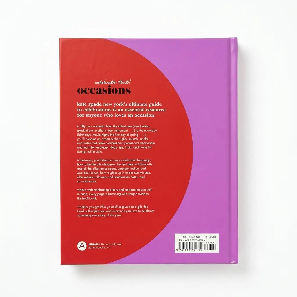 The back cover of the hardcover book 'Occasions' by Urban, featuring a bold red and purple design with white text and a barcode.