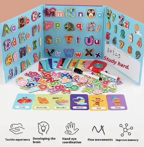 Educational children's toy with letters, numbers, and animal illustrations on a colorful board.