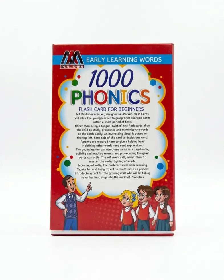 Front of the retail box for an 'Early Learning Words 1000 Phonics Flash Card for Beginners' set by MK Publisher, featuring a red background with colorful graphics and cartoon children.
