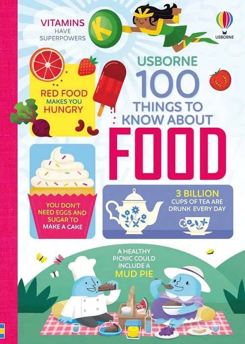 Book cover of '100 Things to Know About Food' by Usborne with colorful illustrations and text.